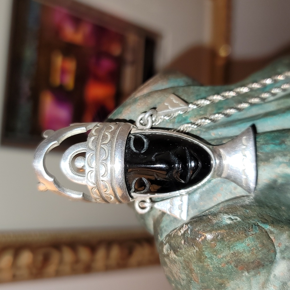 Taxco Black Onyx & .925 Sterling Silver Head Pendant/Brooch
